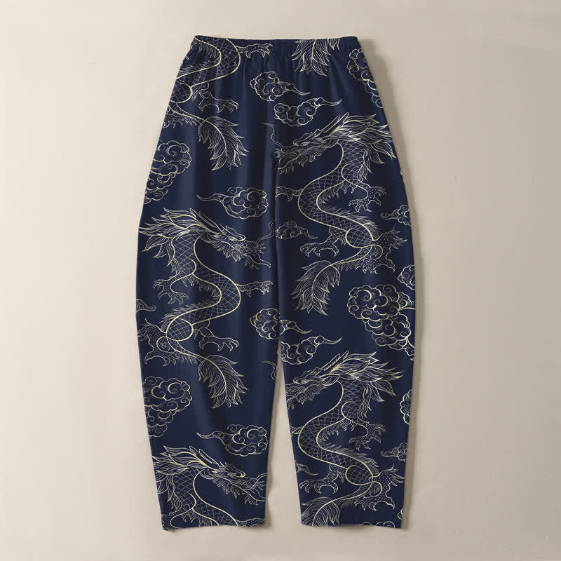 Buddha Stones Herrenhose aus reiner Baumwolle mit orientalischem Drachen- und Wolkenmuster, Kordelzug, schmal zulaufendem Schnitt und Taschen - image 3