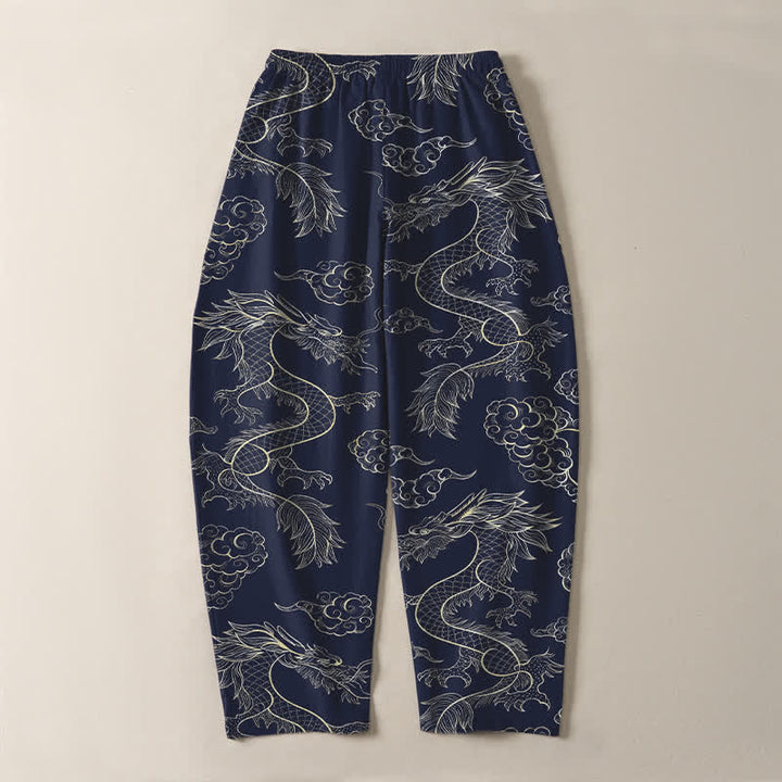 Buddha Stones Herrenhose aus reiner Baumwolle mit orientalischem Drachen- und Wolkenmuster, Kordelzug, schmal zulaufendem Schnitt und Taschen - image 3