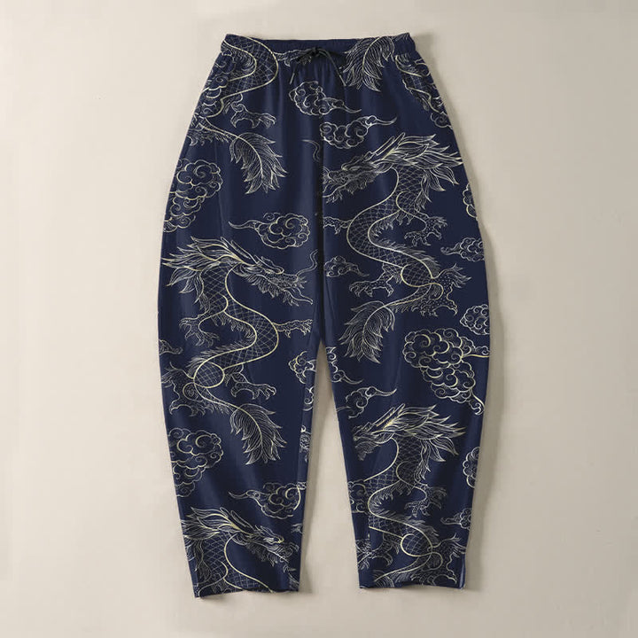 Buddha Stones Herrenhose aus reiner Baumwolle mit orientalischem Drachen- und Wolkenmuster, Kordelzug, schmal zulaufendem Schnitt und Taschen - image 2