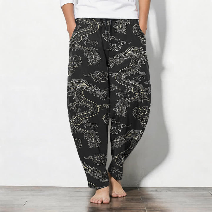 Buddha Stones Herrenhose aus reiner Baumwolle mit orientalischem Drachen- und Wolkenmuster, Kordelzug, schmal zulaufendem Schnitt und Taschen - Schwarz - US/UK/AU50, EU60 (5XL) - image 7