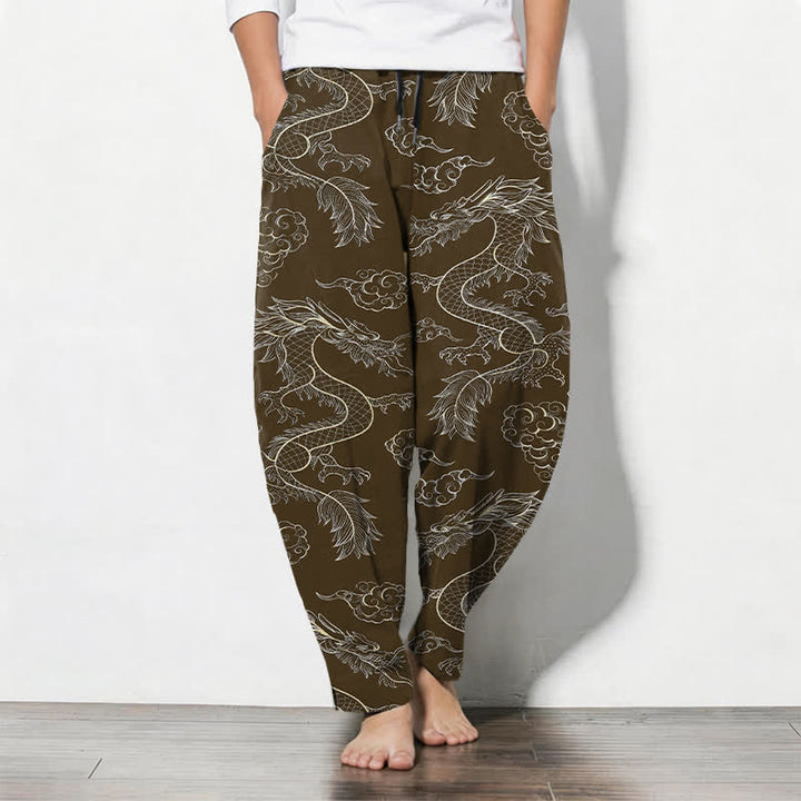 Buddha Stones Herrenhose aus reiner Baumwolle mit orientalischem Drachen- und Wolkenmuster, Kordelzug, schmal zulaufendem Schnitt und Taschen - Sattelbraun - US/UK/AU50, EU60 (5XL) - image 11