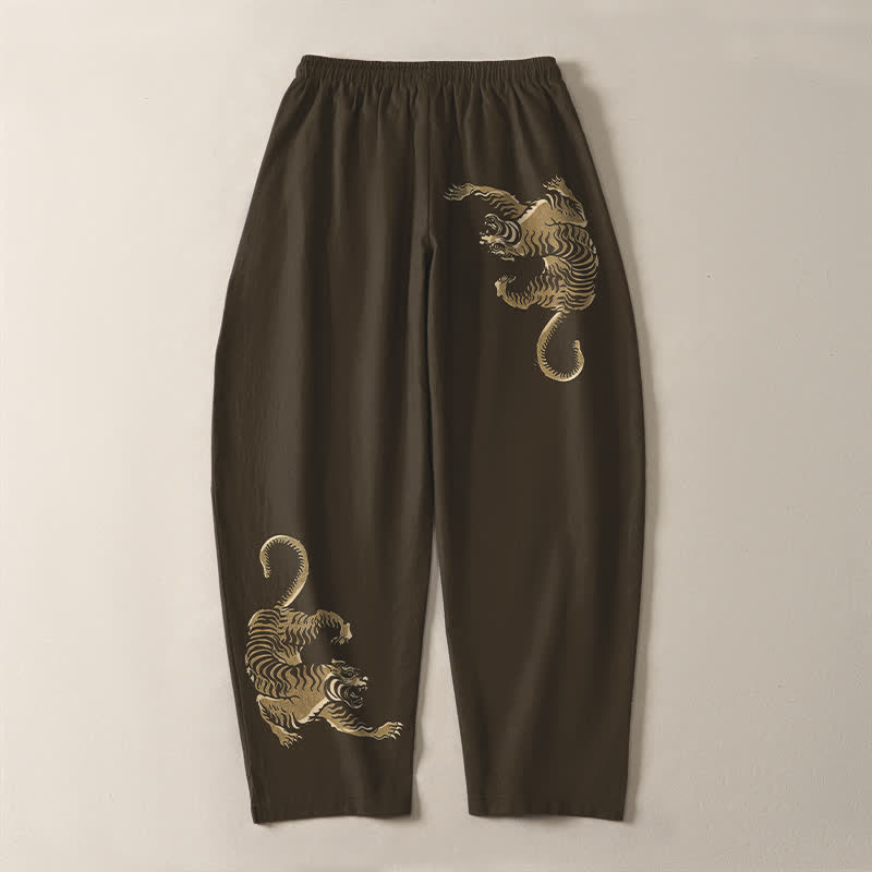 Buddha Stones Herrenhose aus reiner Baumwolle mit goldenem Tigermuster, Kordelzug, schmal zulaufendem Schnitt und Taschen - image 3