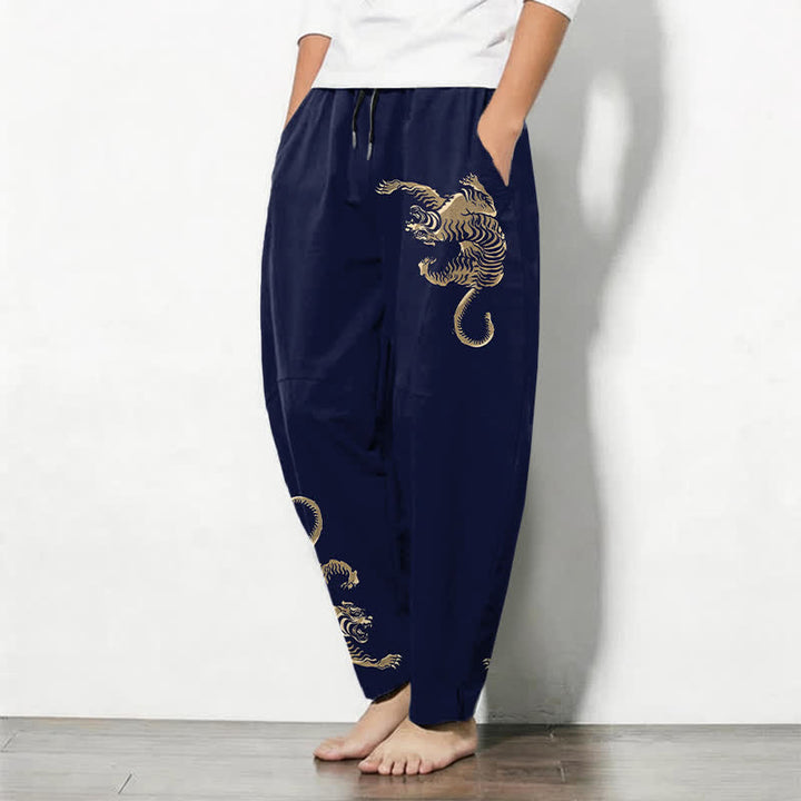 Buddha Stones Herrenhose aus reiner Baumwolle mit goldenem Tigermuster, Kordelzug, schmal zulaufendem Schnitt und Taschen - image 8