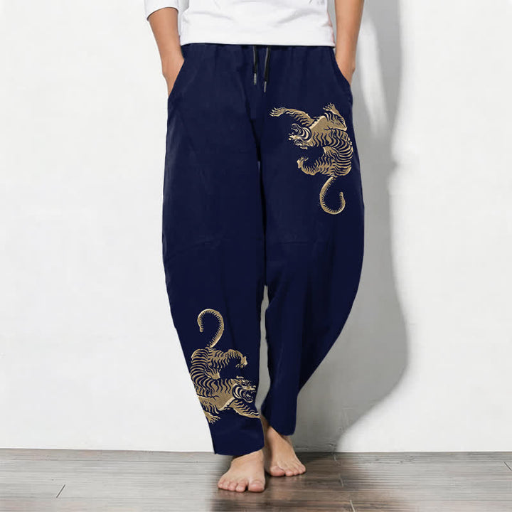 Buddha Stones Herrenhose aus reiner Baumwolle mit goldenem Tigermuster, Kordelzug, schmal zulaufendem Schnitt und Taschen - Mitternachtsblau - US/UK/AU50, EU60 (5XL) - image 7