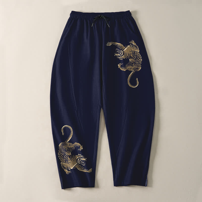 Buddha Stones Herrenhose aus reiner Baumwolle mit goldenem Tigermuster, Kordelzug, schmal zulaufendem Schnitt und Taschen - image 9