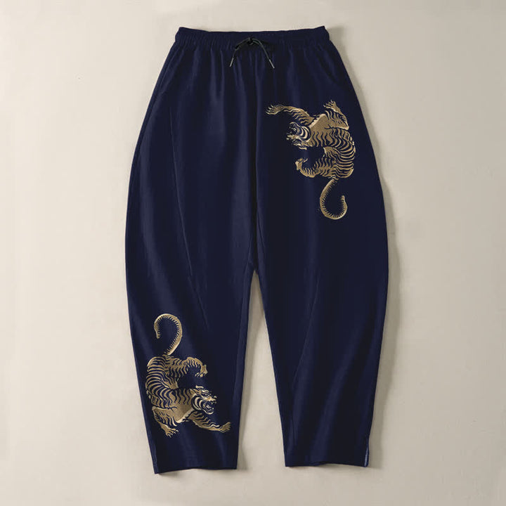 Buddha Stones Herrenhose aus reiner Baumwolle mit goldenem Tigermuster, Kordelzug, schmal zulaufendem Schnitt und Taschen - image 9