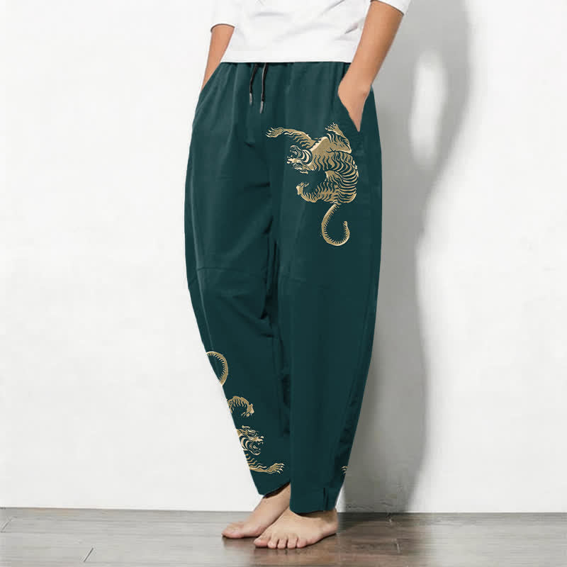 Buddha Stones Herrenhose aus reiner Baumwolle mit goldenem Tigermuster, Kordelzug, schmal zulaufendem Schnitt und Taschen - image 12
