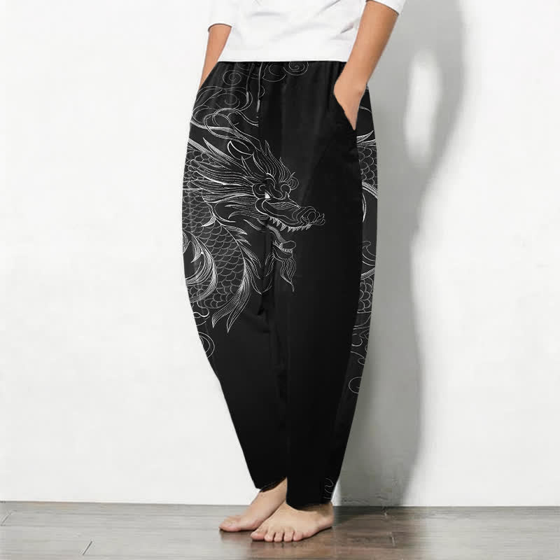 Buddha Stones Herrenhose aus reiner Baumwolle mit Drachenmuster, Kordelzug und Taschen - image 1