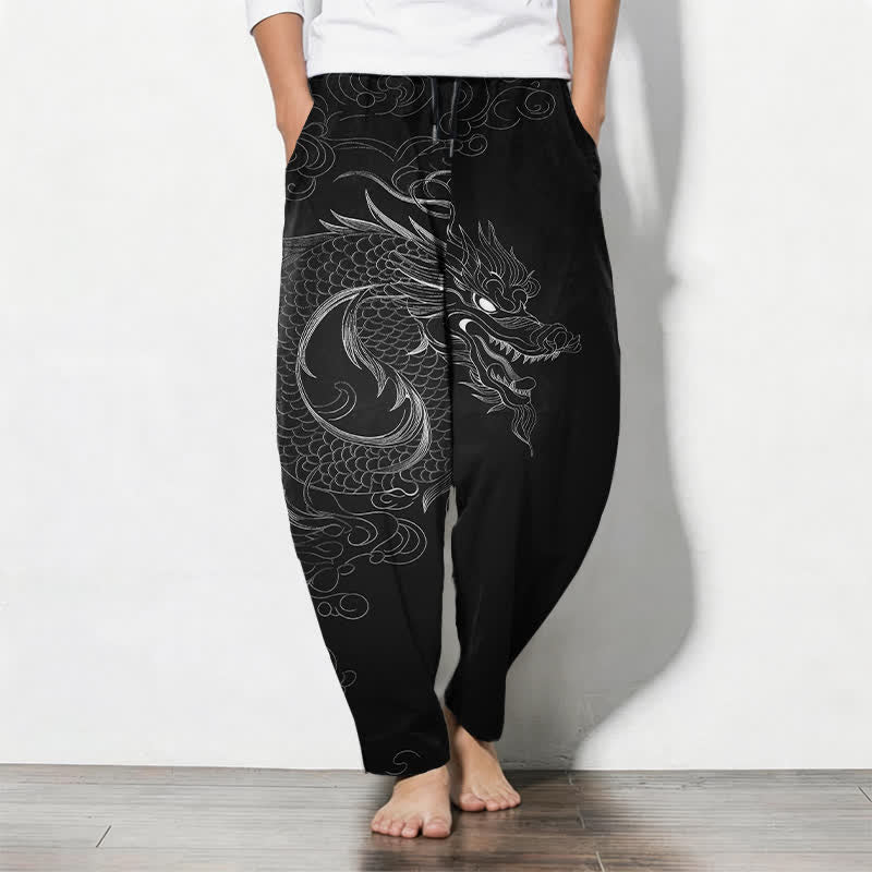 Buddha Stones Herrenhose aus reiner Baumwolle mit Drachenmuster, Kordelzug und Taschen - Schwarz - US/UK/AU50, EU60 (5XL) - image 0