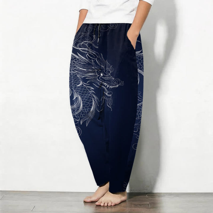 Buddha Stones Herrenhose aus reiner Baumwolle mit Drachenmuster, Kordelzug und Taschen - image 8