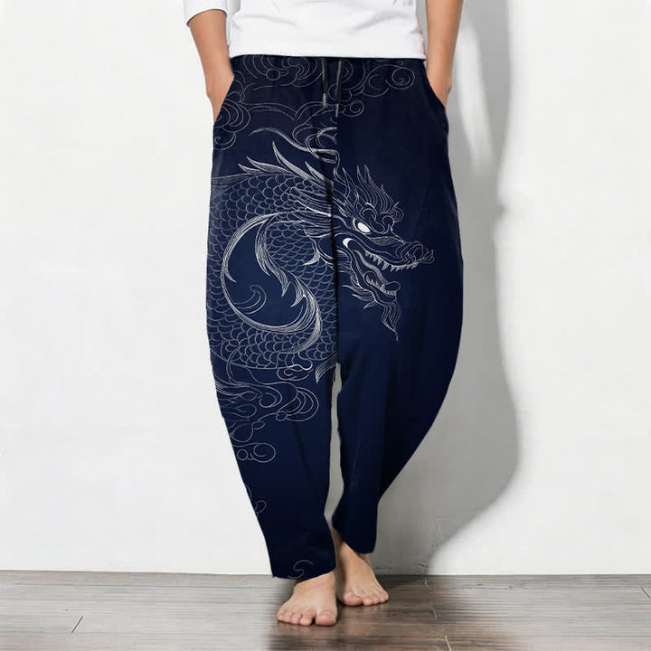 Buddha Stones Herrenhose aus reiner Baumwolle mit Drachenmuster, Kordelzug und Taschen - Marine - US/UK/AU50, EU60 (5XL) - image 7