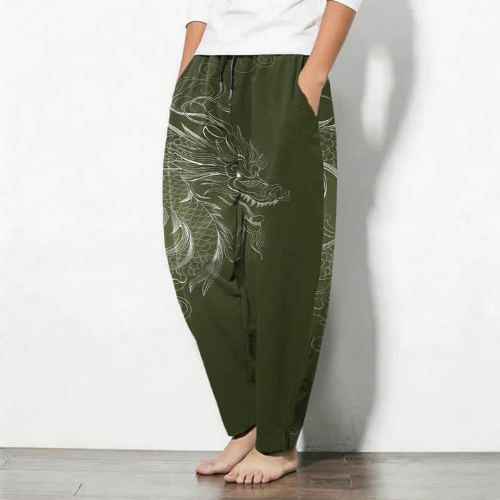 Buddha Stones Herrenhose aus reiner Baumwolle mit Drachenmuster, Kordelzug und Taschen - image 12