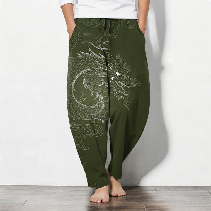 Buddha Stones Herrenhose aus reiner Baumwolle mit Drachenmuster, Kordelzug und Taschen - Dunkelolivgrün - US/UK/AU50, EU60 (5XL) - image 11