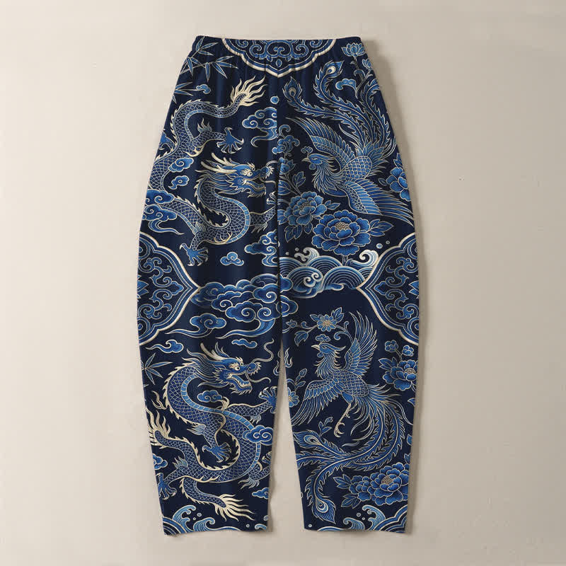 Buddha Stones Herrenhose aus reiner Baumwolle mit azurblauem Drachen- und Wolkenmuster, Kordelzug, schmal zulaufendem Schnitt und Taschen - image 3