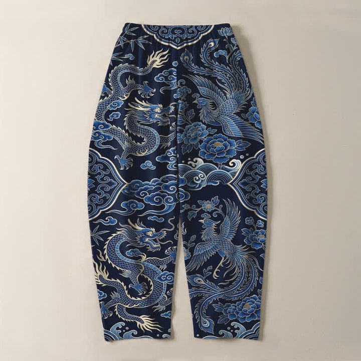 Buddha Stones Herrenhose aus reiner Baumwolle mit azurblauem Drachen- und Wolkenmuster, Kordelzug, schmal zulaufendem Schnitt und Taschen - image 3