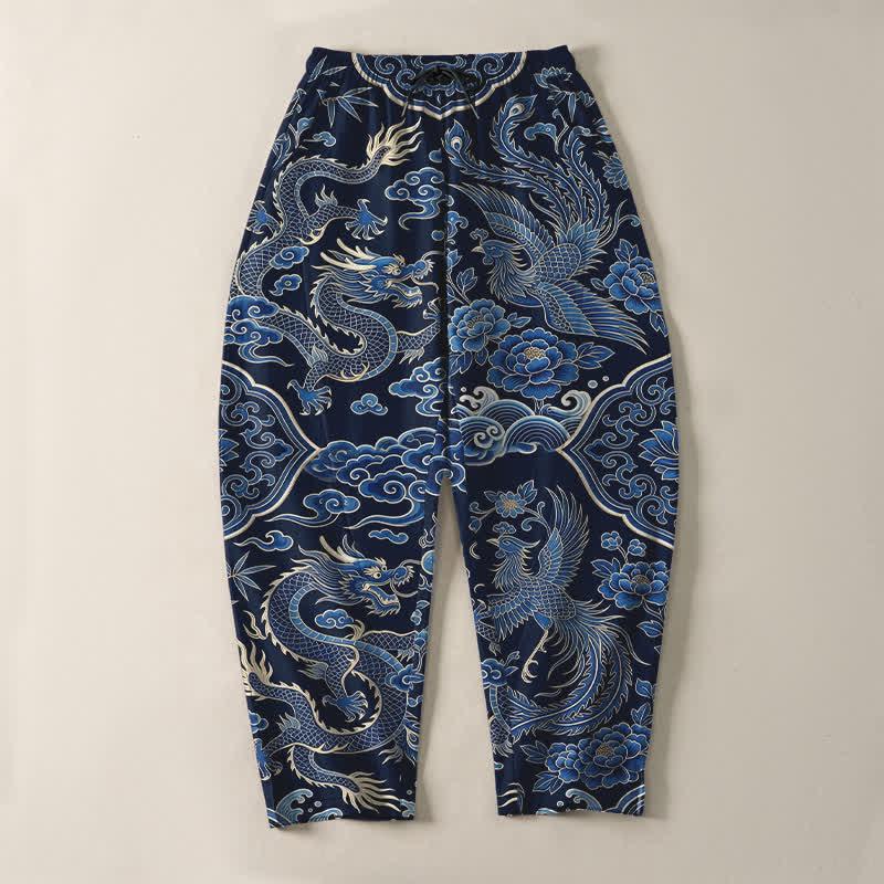 Buddha Stones Herrenhose aus reiner Baumwolle mit azurblauem Drachen- und Wolkenmuster, Kordelzug, schmal zulaufendem Schnitt und Taschen - image 2