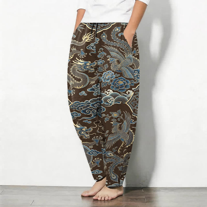 Buddha Stones Herrenhose aus reiner Baumwolle mit azurblauem Drachen- und Wolkenmuster, Kordelzug, schmal zulaufendem Schnitt und Taschen - image 8