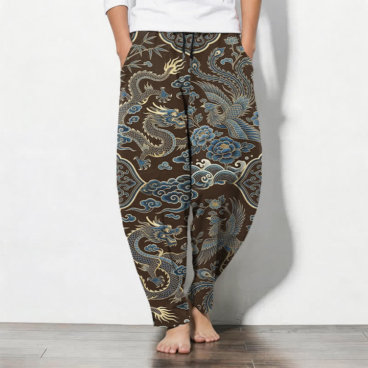 Buddha Stones Herrenhose aus reiner Baumwolle mit azurblauem Drachen- und Wolkenmuster, Kordelzug, schmal zulaufendem Schnitt und Taschen - Sattelbraun - US/UK/AU50, EU60 (5XL) - image 7