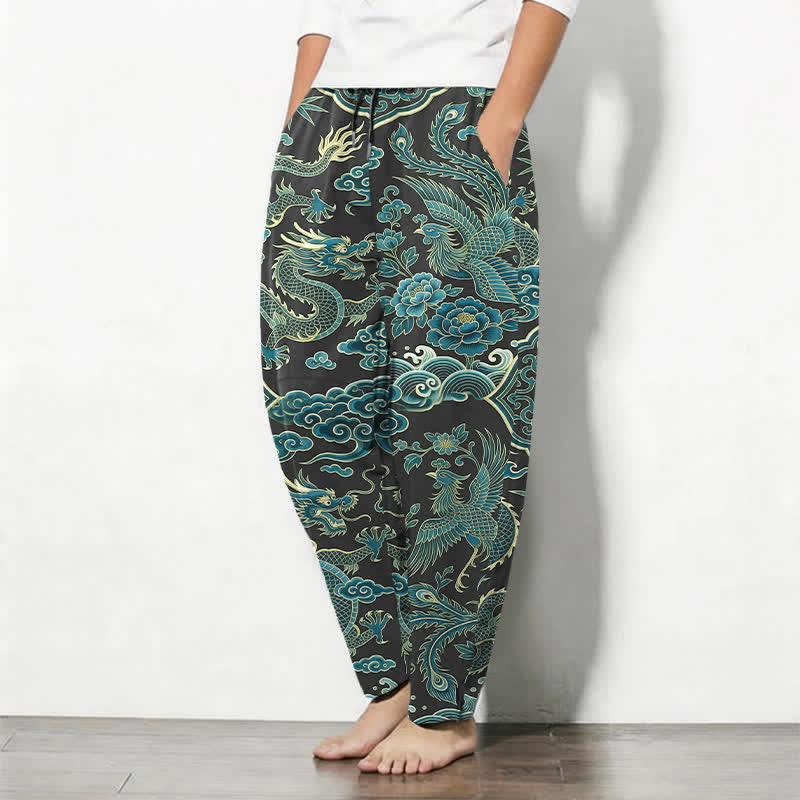 Buddha Stones Herrenhose aus reiner Baumwolle mit azurblauem Drachen- und Wolkenmuster, Kordelzug, schmal zulaufendem Schnitt und Taschen - image 12