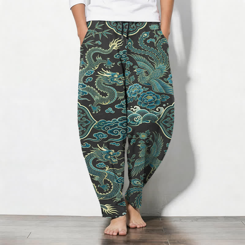 Buddha Stones Herrenhose aus reiner Baumwolle mit azurblauem Drachen- und Wolkenmuster, Kordelzug, schmal zulaufendem Schnitt und Taschen - SeaGreen - US/UK/AU50, EU60 (5XL) - image 11