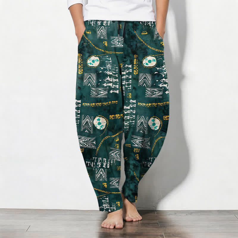 Buddha Stones Herrenhose aus reiner Baumwolle mit Boho-Muster, geometrischem Medaillon-Muster, Kordelzug, schmal zulaufendem Bein und Taschen - SeaGreen - US/UK/AU50, EU60 (5XL) - image 0