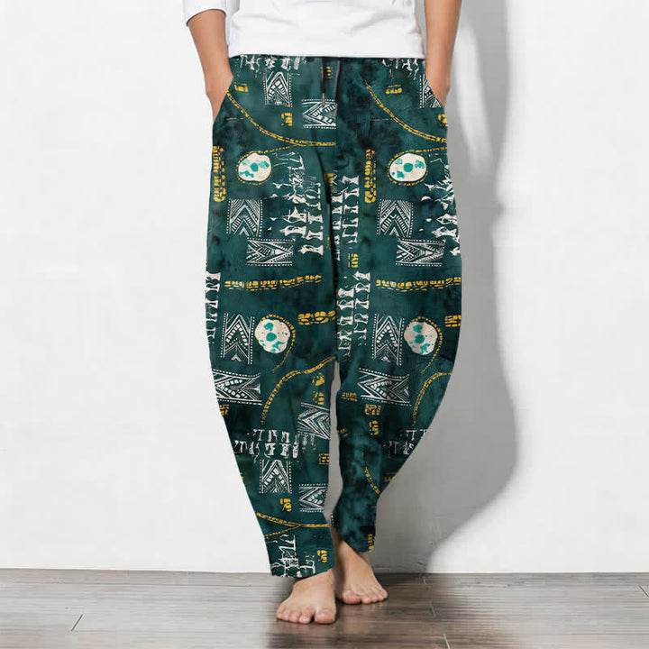 Buddha Stones Herrenhose aus reiner Baumwolle mit Boho-Muster, geometrischem Medaillon-Muster, Kordelzug, schmal zulaufendem Bein und Taschen - SeaGreen - US/UK/AU50, EU60 (5XL) - image 0