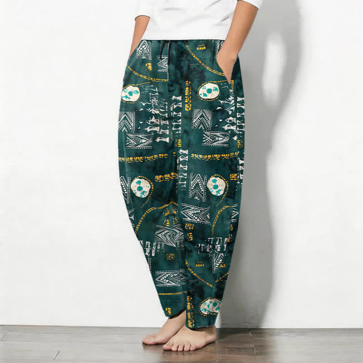 Buddha Stones Herrenhose aus reiner Baumwolle mit Boho-Muster, geometrischem Medaillon-Muster, Kordelzug, schmal zulaufendem Bein und Taschen - image 1