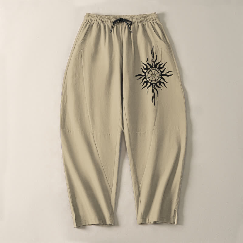 Buddha Stones Herrenhose aus reiner Baumwolle mit Tribal-Sonnenmuster, Kordelzug, schmal zulaufendem Schnitt und Taschen - image 2