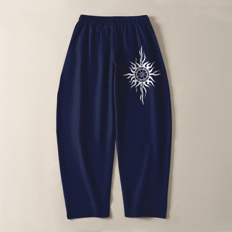 Buddha Stones Herrenhose aus reiner Baumwolle mit Tribal-Sonnenmuster, Kordelzug, schmal zulaufendem Schnitt und Taschen - image 10