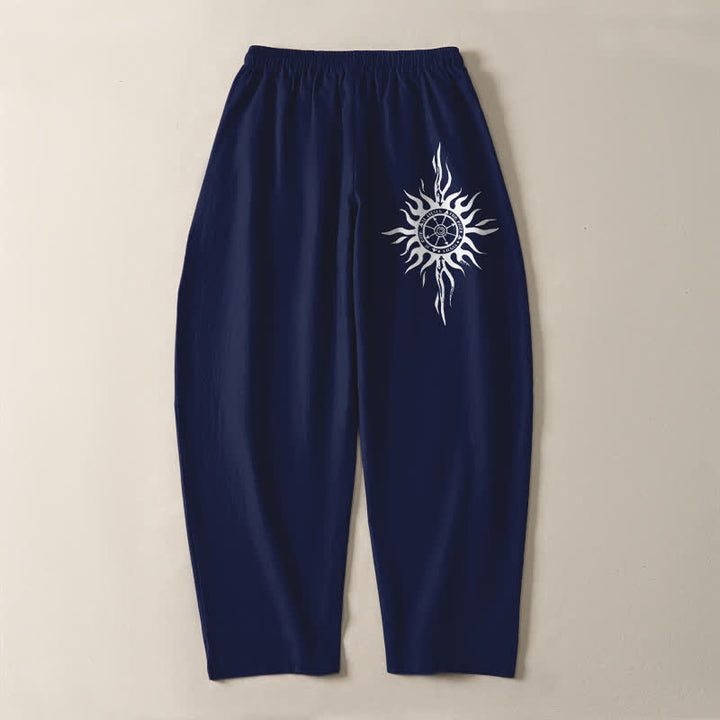 Buddha Stones Herrenhose aus reiner Baumwolle mit Tribal-Sonnenmuster, Kordelzug, schmal zulaufendem Schnitt und Taschen - image 10