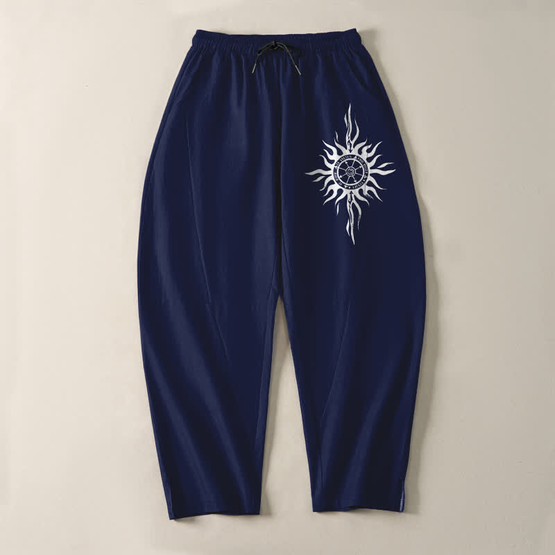 Buddha Stones Herrenhose aus reiner Baumwolle mit Tribal-Sonnenmuster, Kordelzug, schmal zulaufendem Schnitt und Taschen - image 9