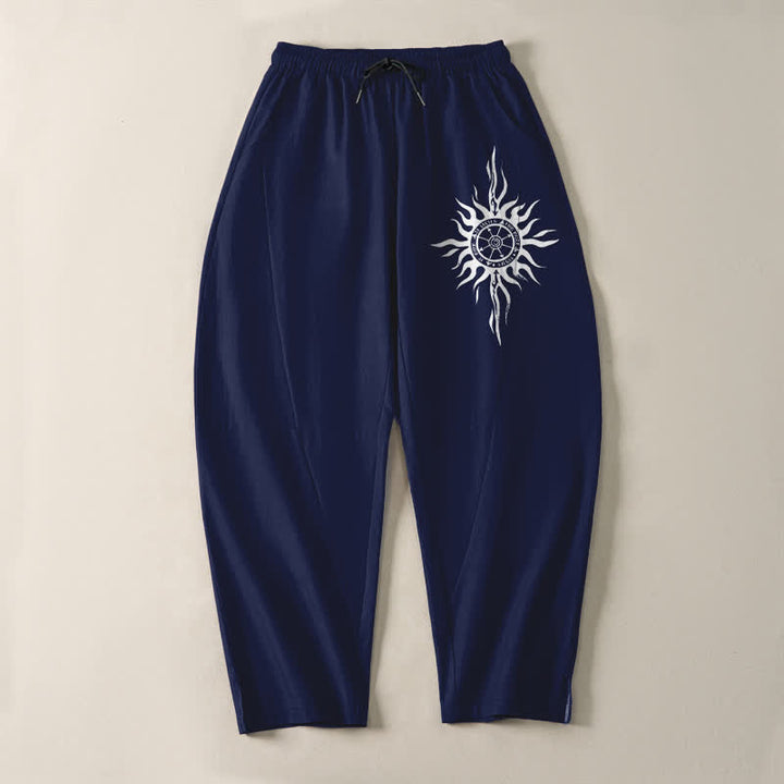 Buddha Stones Herrenhose aus reiner Baumwolle mit Tribal-Sonnenmuster, Kordelzug, schmal zulaufendem Schnitt und Taschen - image 9