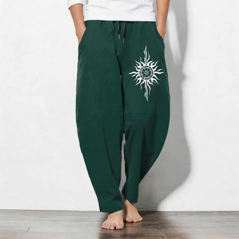 Buddha Stones Herrenhose aus reiner Baumwolle mit Tribal-Sonnenmuster, Kordelzug, schmal zulaufendem Schnitt und Taschen - Dunkelgrün - US/UK/AU50, EU60 (5XL) - image 11