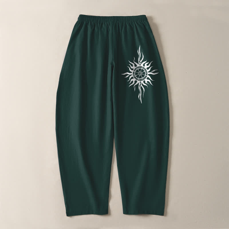 Buddha Stones Herrenhose aus reiner Baumwolle mit Tribal-Sonnenmuster, Kordelzug, schmal zulaufendem Schnitt und Taschen - image 14