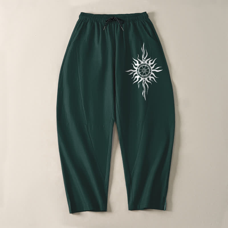 Buddha Stones Herrenhose aus reiner Baumwolle mit Tribal-Sonnenmuster, Kordelzug, schmal zulaufendem Schnitt und Taschen - image 13