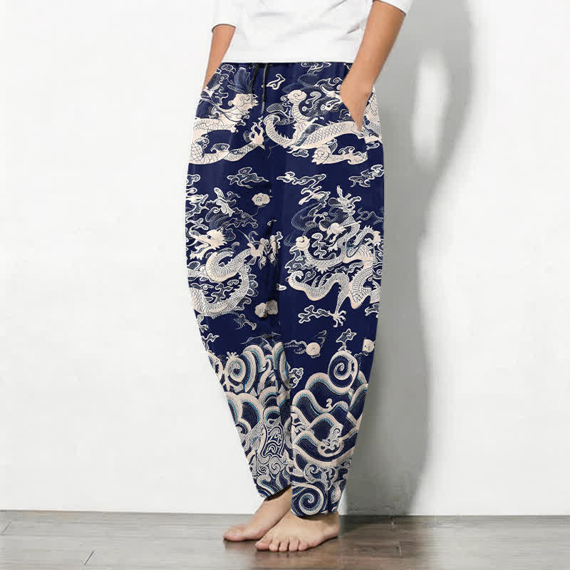 Buddha Stones Herrenhose aus reiner Baumwolle mit Drachenwellenmuster, Kordelzug, schmal zulaufendem Schnitt und Taschen - image 1