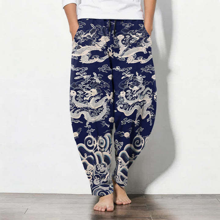 Buddha Stones Herrenhose aus reiner Baumwolle mit Drachenwellenmuster, Kordelzug, schmal zulaufendem Schnitt und Taschen - Marine - US/UK/AU50, EU60 (5XL) - image 0