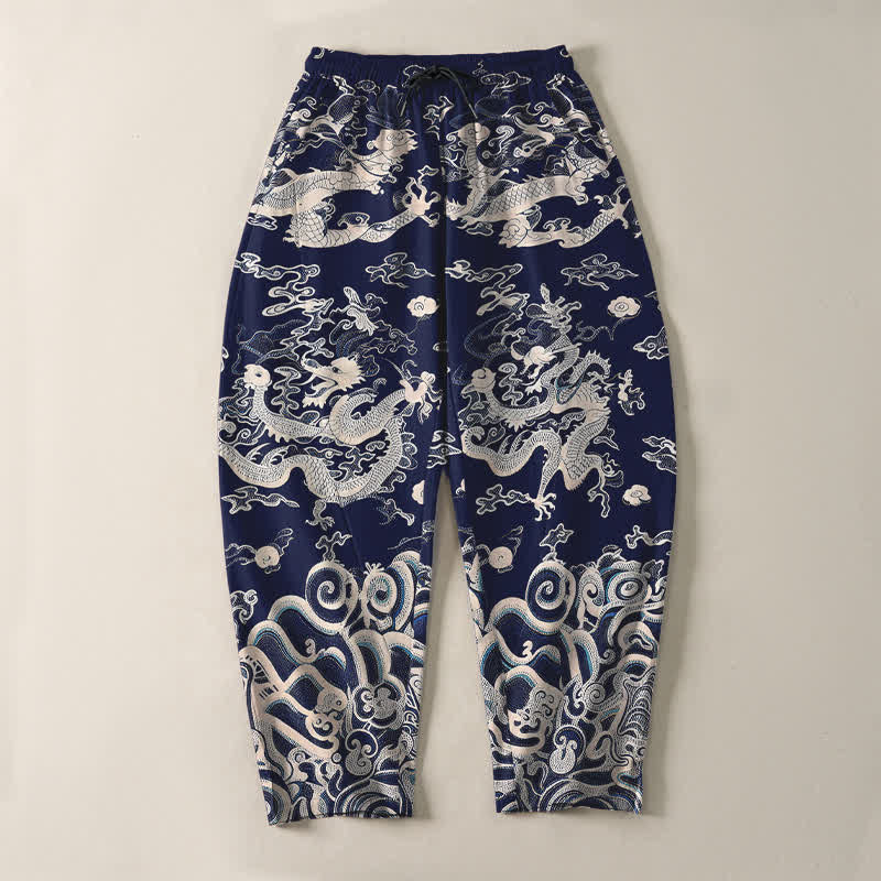 Buddha Stones Herrenhose aus reiner Baumwolle mit Drachenwellenmuster, Kordelzug, schmal zulaufendem Schnitt und Taschen - image 2