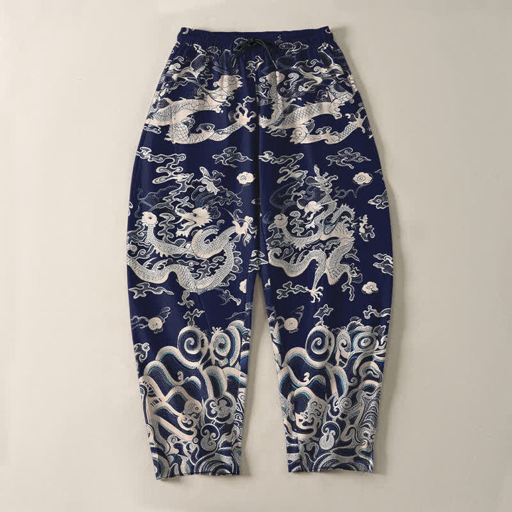 Buddha Stones Herrenhose aus reiner Baumwolle mit Drachenwellenmuster, Kordelzug, schmal zulaufendem Schnitt und Taschen - image 2