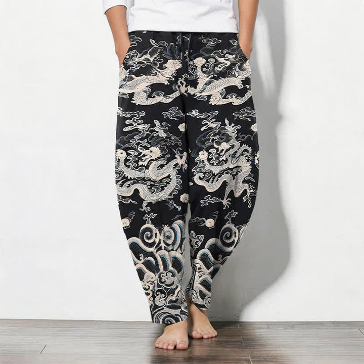Buddha Stones Herrenhose aus reiner Baumwolle mit Drachenwellenmuster, Kordelzug, schmal zulaufendem Schnitt und Taschen - Schwarz - US/UK/AU50, EU60 (5XL) - image 7