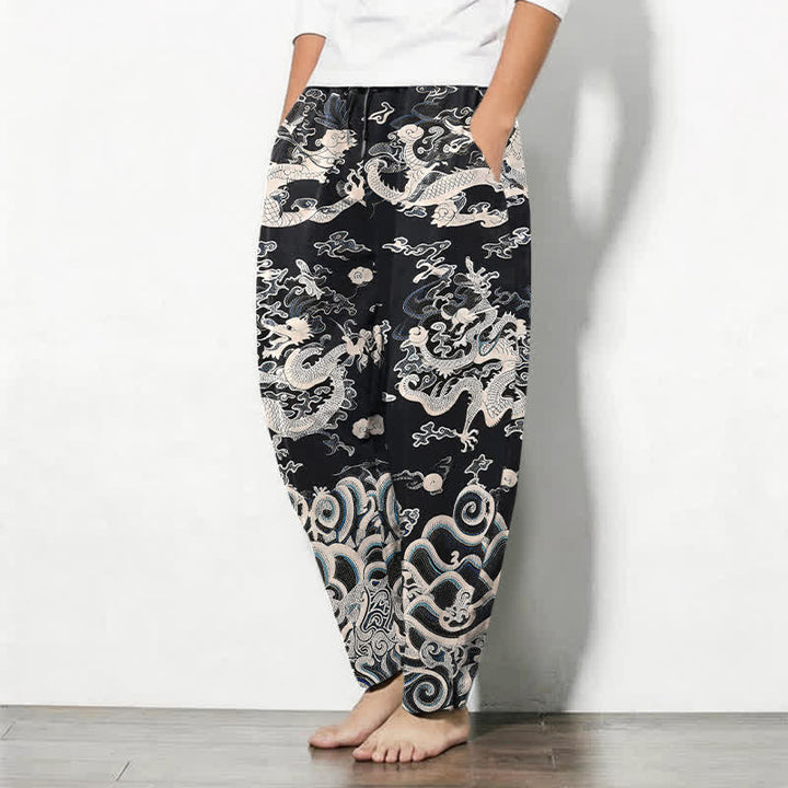 Buddha Stones Herrenhose aus reiner Baumwolle mit Drachenwellenmuster, Kordelzug, schmal zulaufendem Schnitt und Taschen - image 8