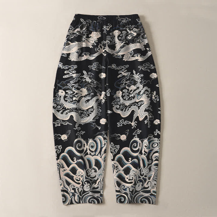 Buddha Stones Herrenhose aus reiner Baumwolle mit Drachenwellenmuster, Kordelzug, schmal zulaufendem Schnitt und Taschen - image 10