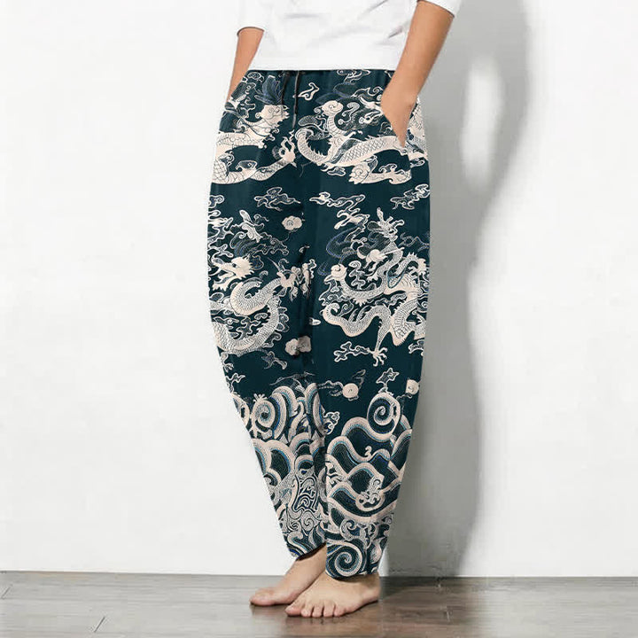Buddha Stones Herrenhose aus reiner Baumwolle mit Drachenwellenmuster, Kordelzug, schmal zulaufendem Schnitt und Taschen - image 12