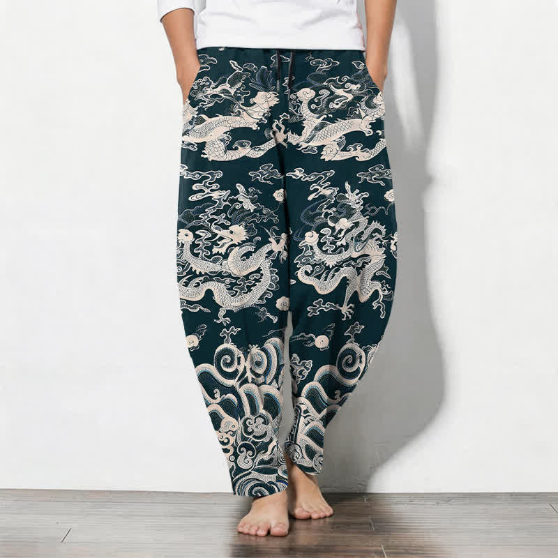 Buddha Stones Herrenhose aus reiner Baumwolle mit Drachenwellenmuster, Kordelzug, schmal zulaufendem Schnitt und Taschen - Türkis - US/UK/AU50, EU60 (5XL) - image 11