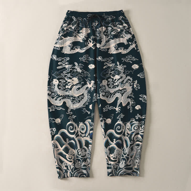 Buddha Stones Herrenhose aus reiner Baumwolle mit Drachenwellenmuster, Kordelzug, schmal zulaufendem Schnitt und Taschen - image 13