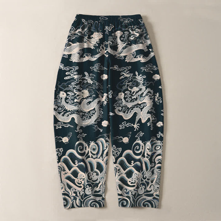 Buddha Stones Herrenhose aus reiner Baumwolle mit Drachenwellenmuster, Kordelzug, schmal zulaufendem Schnitt und Taschen - image 14
