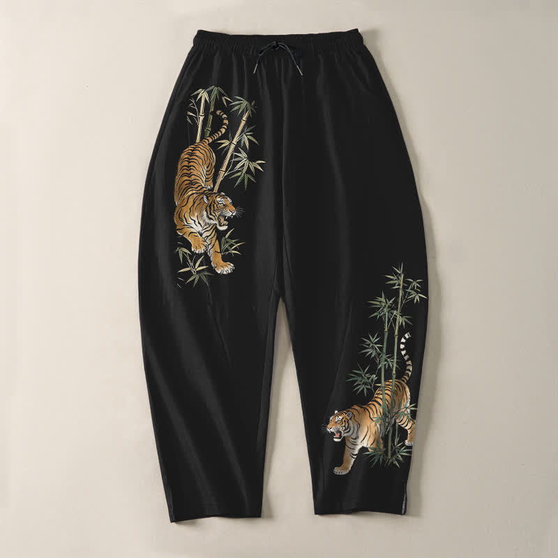 Buddha Stones Herrenhose aus reiner Baumwolle mit Tiger- und Bambusmuster, Kordelzug, schmal zulaufendem Schnitt und Taschen - image 2