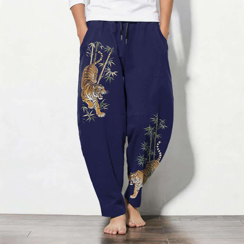 Buddha Stones Herrenhose aus reiner Baumwolle mit Tiger- und Bambusmuster, Kordelzug, schmal zulaufendem Schnitt und Taschen - Marine - US/UK/AU50, EU60 (5XL) - image 11