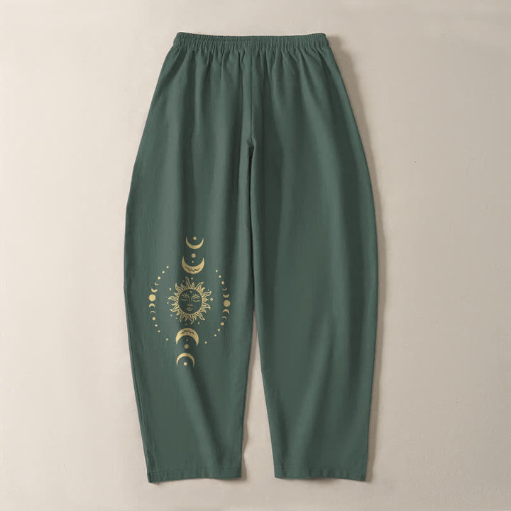 Buddha Stones Herrenhose aus reiner Baumwolle mit himmlischem Sonne- und Mondmuster, Kordelzug, schmal zulaufendem Bein und Taschen - image 3