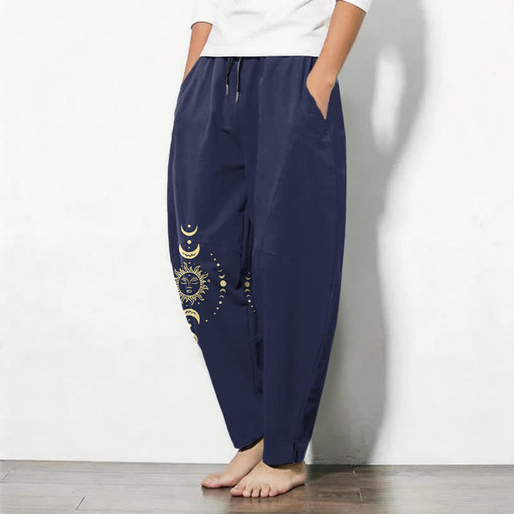 Buddha Stones Herrenhose aus reiner Baumwolle mit himmlischem Sonne- und Mondmuster, Kordelzug, schmal zulaufendem Bein und Taschen - image 8